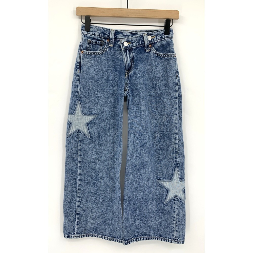 Old Navy Wide Leg Jeans Girls 8 Blue Super Baggy Wide Leg Stars Adjustable Waist